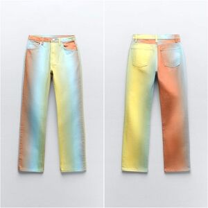 NWT, ZARA, Watercolor Colorblock Straight Leg Jeans In Multicolor